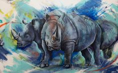 a painting of two rhinos standing next to each other