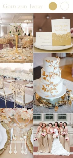 a collage of wedding photos with gold and ivory colors on them, including the bride and groom's cake