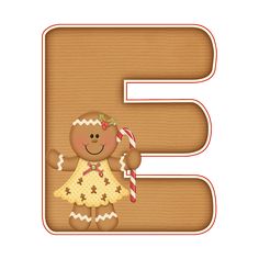 the letter e is for gingerbread with a girl holding a candy cane in her hand