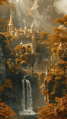 a painting of a castle in the middle of a forest with waterfall coming out of it