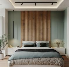 a large bed sitting in a bedroom next to a tall wooden headboard and window