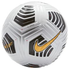 a white soccer ball with yellow nike logo on the side and black, gold, and white stripes