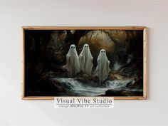 three ghost figures standing in front of a waterfall