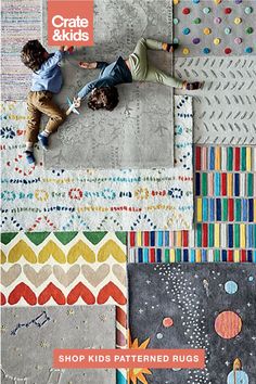 two children laying on rugs in different colors and patterns with the words crate & kids