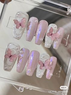 Pretty Press On Nails, Kawaii Goth Nails, Cute Asian Nails, Pink Butterfly Party, Deco Nails, Princess Nails, Nails Bling, Kawaii Nail Art, Fake Nails Designs