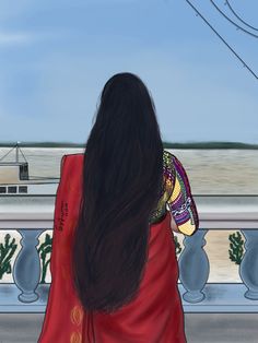 a painting of a woman with long hair looking out at the ocean from a balcony