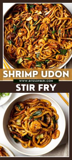 shrimp udon stir fry in a white bowl