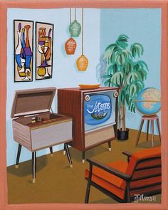 a painting of a living room with an old fashioned television and orange chair in the foreground