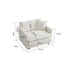 a white chair with measurements for the seat and back end, including two pillows on each side