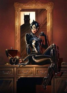 a painting of a woman in catwoman costume sitting on a desk next to a mirror