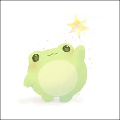 a small green animal standing in front of a star with its eyes closed and one eye open