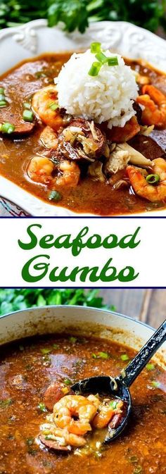 seafood gumbo with shrimp and rice in a white bowl