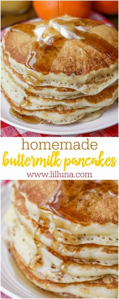 homemade buttermilk pancakes are stacked on top of each other