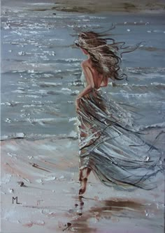 a painting of a woman walking in the water at the beach with her hair blowing in the wind