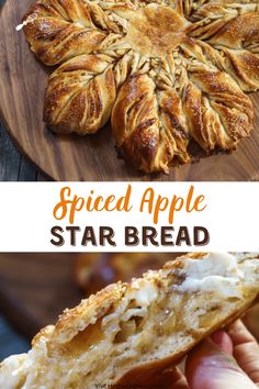 an apple star bread is cut in half and placed on a cutting board with the words spiced apple star bread