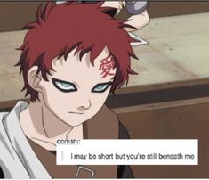 an anime character with red hair and blue eyes looking at another character in the background