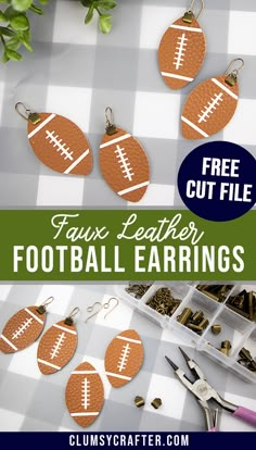 four leather football earrings with text overlay that reads free cut file faux leather football earrings