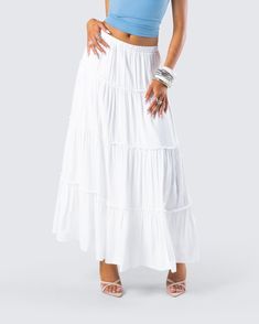 You’ll always be top tier in this white tiered maxi skirt 👑 Made from viscose challis fabric and featuring an elastic waistband and A-line design - this piece is the perfect closet staple to pair with everything 🤍 White Maxi Length Skirt For Vacation, Beach Maxi Dress With Tiered Skirt And Elastic Waistband, Relaxed Tiered Maxi Skirt For Vacation, Tiered Maxi Skirt For Vacation With Relaxed Fit, Vacation Tiered Ruffled Maxi Dress, Vacation Maxi Dress With Ruffled Tiered Skirt, White Lined Skirt Maxi Dress For Spring, White Maxi Dress With Relaxed Skirt For Spring, White Maxi Skirt With Elastic Waistband For Spring