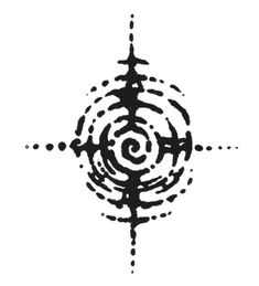 a black and white drawing of a cross with dots in the center on a white background