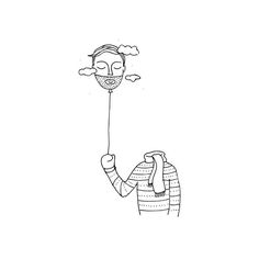 a drawing of a man holding a balloon in the air with clouds above his head