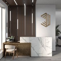 an office lobby with marble counter tops and wooden accents on the walls, along with modern chairs