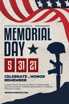 the memorial day flyer is shown with an american flag