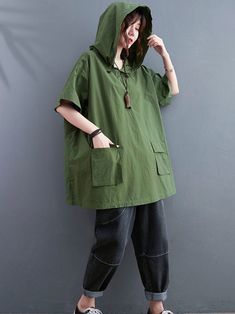 Discover ultimate comfort and style with our Women's Loose Tops. Made from high-quality cotton. these tops offer a soft and breathable feel. Available in versatile black and refreshing green. they are perfect for any casual occasion. The short sleeves and hooded collar add a contemporary touch to your look. while the solid color pattern ensures easy pairing with any outfit. Designed in one size to fit all. the measurements include a length of 73cm. bust of 146cm. shoulder width of 51cm. and slee Hood Pattern, Leaves Print Dresses, Tie Front Blouse, Loose Tops, Printed Midi Dress, Oversize Hoodie, Relaxed Style, Piece Dress, Boho Dress