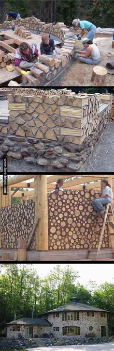 two pictures showing the process of building a house with wood and stonework on it