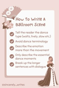 an info sheet for how to write a ballroom scene with pictures and text on it