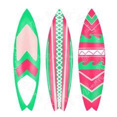 three surfboards with pink and green designs on the bottom one is red, white and green