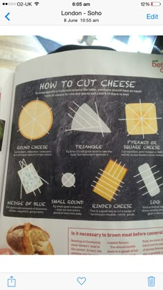 an open book with instructions for how to cut cheese on the page and in english