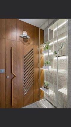 a wooden door with glass shelves and plants on the wall next to it in a room