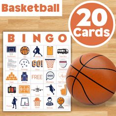 a basketball sitting on top of a wooden floor next to a card with the words, 20