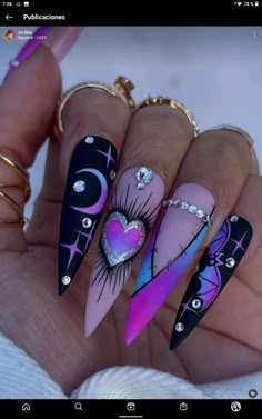 Fancy Almond Nails Polygel Nails Fall, Edgy Fall Nails Acrylic, Purple Rhinestone Nail Designs, Witchy Nails Coffin, Crazy Nail Ideas, Purple Acrylic Nails Designs, Punk Nail Designs, Dope Nail Designs Purple, Crazy Nails Ideas