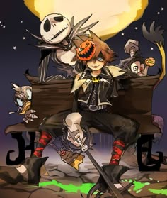 a cartoon character sitting on top of a wooden bench next to a jack - o - lantern