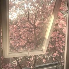 a window with pink flowers on it and the reflection of trees outside in the window