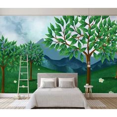 a bed room with a large mural on the wall and a ladder in front of it