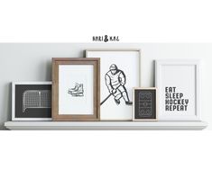 there are many framed pictures on the shelf with words above them that say eat sleep hockey