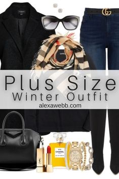 Plus Size Casual Winter Outfit - Gucci Scarf, Black Coat, Wool Blend Sweater, Givenchy Satchel, Skinny Jeans and Wide Calf Over the Knee Boots - Alexa Webb Plus Size Casual Winter, Gucci Belt Outfit, Long Coat Outfit, Casual Winter Outfit, Alexa Webb, Plus Size Winter Outfits, Women's Plus Size Jeans, Inexpensive Clothes, Gucci Scarf