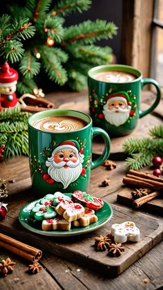 two green mugs filled with hot chocolate on top of a wooden table next to christmas decorations