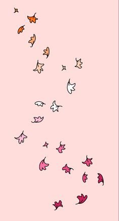 a pink background with many different colored birds flying in the sky and on top of each other