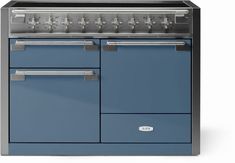 a blue and silver stove top oven on a white background