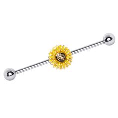 PRICES MAY VARY. Sunflower Industrial Barbell Made of 316L Stainless Steel 14GA (1.6mm) Thickness 1&1/2" (38mm) Length Dragon Earrings Cuffs, Cute Industrial Piercing, Cross Piercing, Ear Piercing Care, Industrial Bar Earring, Industrial Piercing Barbells, Ear Piercings Industrial, Bar Piercing, Piercing Care