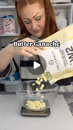 a woman is pouring some food into a bowl with the words butter canache on it