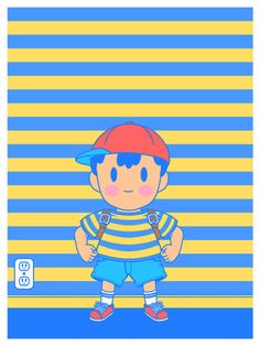 a boy with a baseball cap and blue shorts standing in front of a striped wall