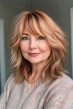 28 Trendy Shaggy Hairstyles for Older Women You Have to See in 2024 – CreativeBooster Strawberry Blonde Shag, Shag With Wispy Bangs, Women With Gray Hair, Blonde Shag, Medium Shaggy Hairstyles