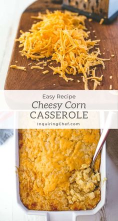 cheesy corn casserole in a white dish with a wooden cutting board