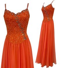 70s Dresses Formal, 1970s Prom Dress, 70s Disco Dress, 70s School, 1970s Glam, Orange Gown, Disco Dress, 70s Disco, School Dances