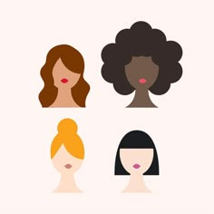 four different types of women's hair in various colors and shapes, with one woman's face on the left side