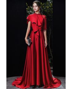 Buy noble ruffled long red satin evening formal dress with train sequined high neck at wholesale price online. Free shipping and pro custom service since 2009. Satin Gown With Ruffles For Prom Season, Satin Ruffled Gown For Prom Season, Party Season Satin Evening Dress With Sweep Train, Floor-length Ruffled Evening Dress For Banquet, Satin Evening Dress With Sweep Train For Party Season, Holiday Satin Evening Dress For Banquet, Satin Ruffle Evening Dress For Prom, Holiday Satin Banquet Evening Dress, Evening Satin Gown For Party Season